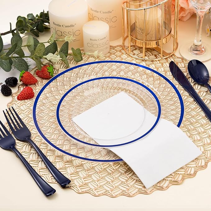 BESTSTAR 100PCS Blue and Clear Plastic Plates, Disposable Plate Set with 50 Dinner Plates and 50 Dessert Plates for Party, National Day, Memorial Day