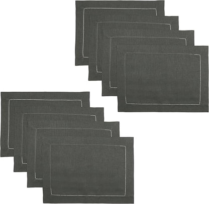 D'Moksha Homes Linen Placemats Set of 8 - Classic Hemstitch Charcoal Grey Placemats 14 x 19 Inch - 100% Pure Linen Table Mats for Christmas, Holiday - Handcrafted and Machine Washable