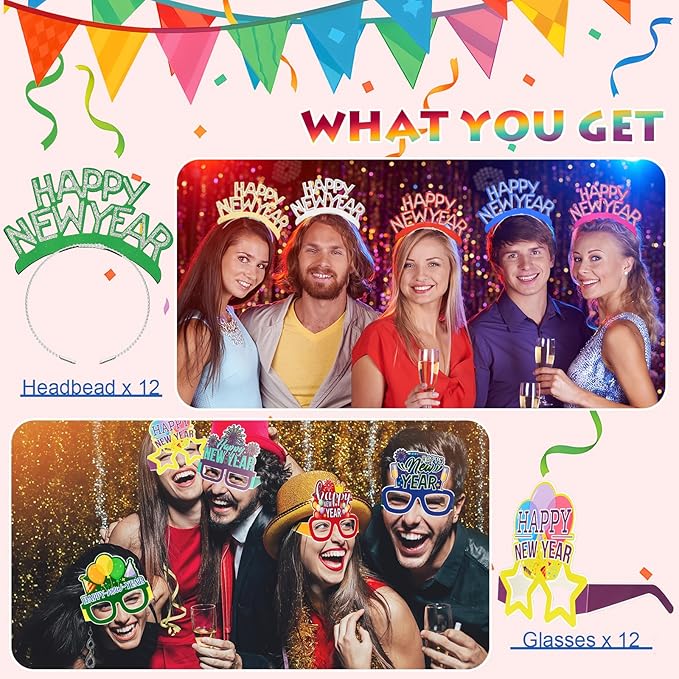 2026 New Years Eve Party Supplies Kit - 102 Pieces Colorful New Years Party Favors Set with Headbands, Hats, Photo Props, Noise Makers, Confetti & More for Happy New Year Decorations