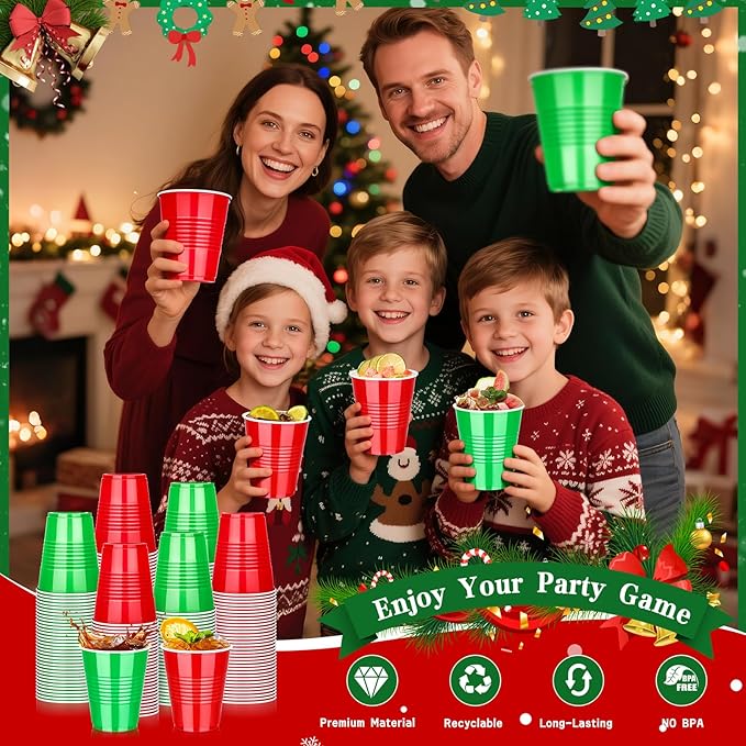 KesaPlan 100PCS 12oz Disposable Plastic Cups, Red and Green Christmas Party Drinking Cups, Xmas Holiday Supplies