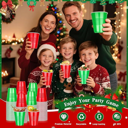 KesaPlan 100PCS 12oz Disposable Plastic Cups, Red and Green Christmas Party Drinking Cups, Xmas Holiday Supplies