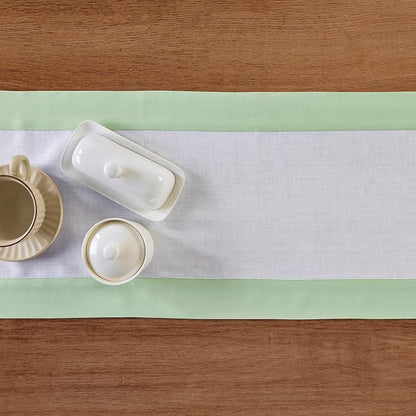 Solino Home Linen Table Runner 48 Inches - 100% Pure Linen Light Green and White Table Runner 14 x 48 Inch Ideal for Dresser and Coffee Tables - Contempo