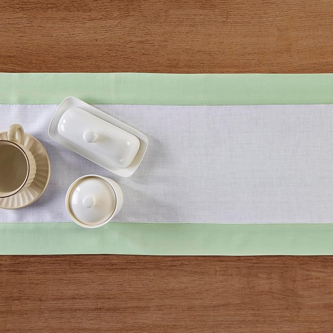 Solino Home Linen Table Runner 36 Inches - 100% Pure Linen Light Green and White Table Runner 14 x 36 Inch Ideal for Dresser and Coffee Tables - Contempo
