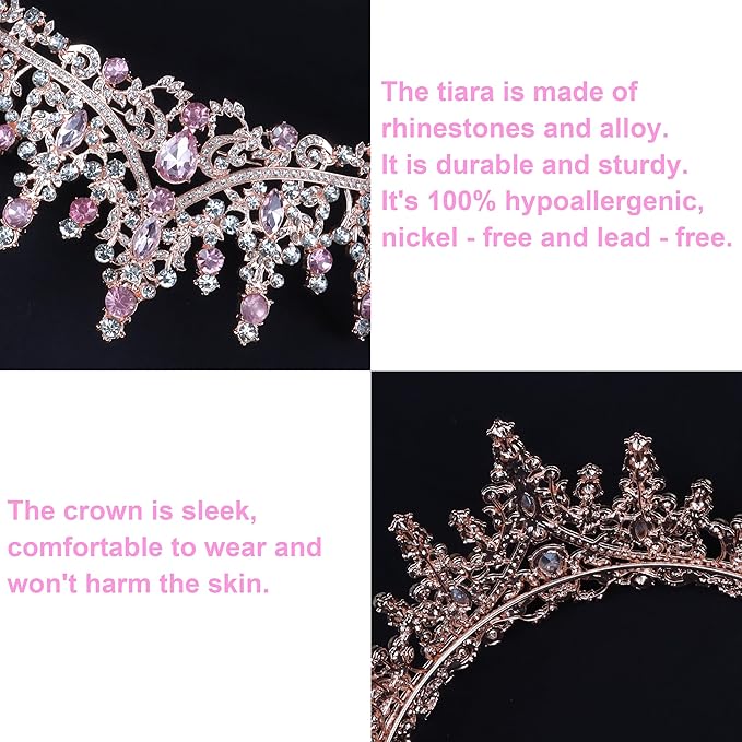 COCIDE Pink Crowns for Women Pink Tiaras for Women Princess Tiaras for Girls Costume Halloween Hair Accessories Royal Crystal Headbands Cosplay Birthday Pageant Bride Headpieces