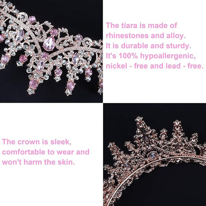COCIDE Pink Crowns for Women Pink Tiaras for Women Princess Tiaras for Girls Costume Halloween Hair Accessories Royal Crystal Headbands Cosplay Birthday Pageant Bride Headpieces