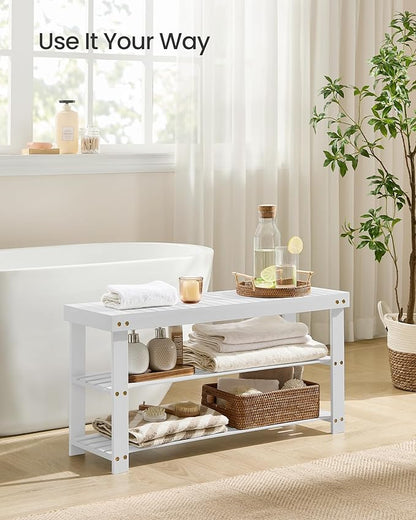 SONGMICS Shoe Rack Bench, 3-Tier Bamboo Shoe Storage Organizer, Entryway Bench, Holds Up to 286 lb, 11.3 x 35.4 x 17.8 Inches, for Entryway Bathroom Bedroom, Cloud White ULBS090W01