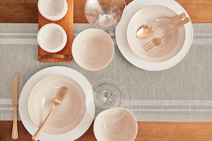 Solino Home Linen Table Runner 90 Inches Long - French Stripe, 100% Pure Linen White and Natural Farmhouse Table Runner 14 x 90 Inch Ideal for Dining, Fall, Autumn