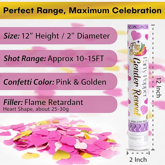 2 Pack Pink Heart-Shaped Confetti Poppers for Baby Gender Reveal | Pink Paper and Gold Mylar Baby Girl Party Supplies