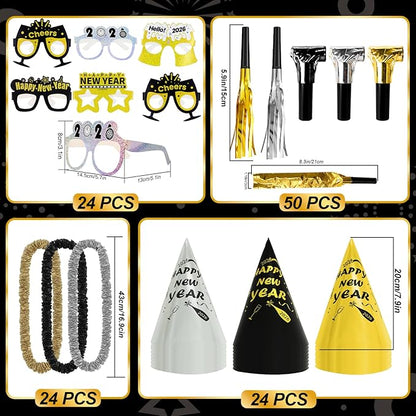 New Years Eve Party Supplies 2026 - Happy New Year Party Supplies Kit for 50 Guests, Including Hats, Glasses, Les, Beads, Squakers, a Backdrop and a Banner, Great New Yeras Decorations