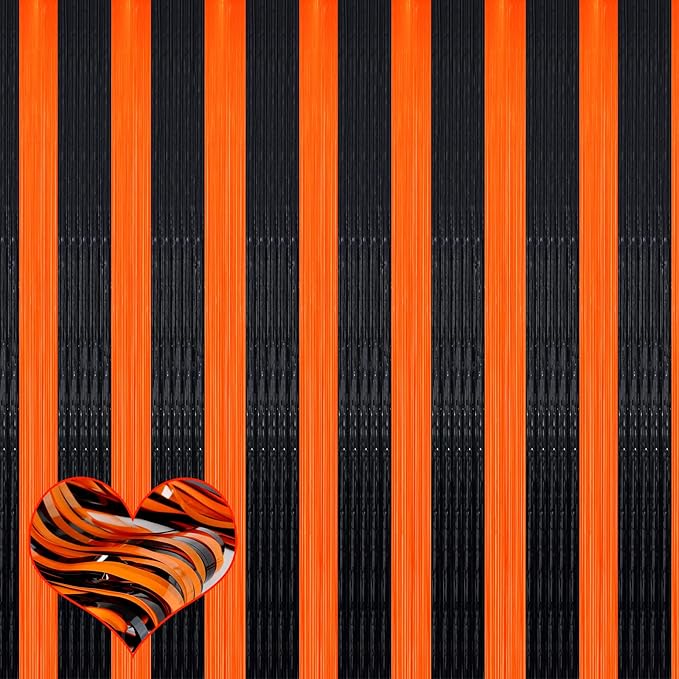 4 Pack Fringe Curtain Backdrop, 3.2Ft x 8.2Ft Black Orange Metallic Tinsel Foil Fringe Streamers Background for Photo Booth Birthday Wedding Baby Shower Carnival Easter Mother’s Day Party Decorations