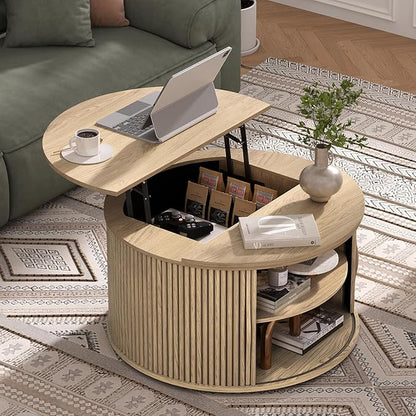 31.5" Round Lift Top Coffee Table,Natural Oak Modern Fluted Drum Center Table with Hidden Storage, Japandi Scandi Wood Circle Desk for Boho Living Room & Apartment