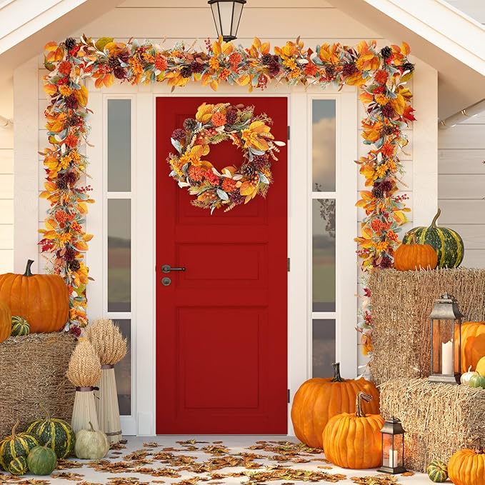 6 Feet Fall Garland for Mantle Autumn Garland with Lamb's Ear Leaves Pinecone Thanksgiving Harvest Decorations for Home Fireplace Farmhouse Porch Outdoor Indoor Table Centerpiece Wall Arch Backdrop