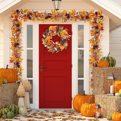 6 Feet Fall Garland for Mantle Autumn Garland with Lamb's Ear Leaves Pinecone Thanksgiving Harvest Decorations for Home Fireplace Farmhouse Porch Outdoor Indoor Table Centerpiece Wall Arch Backdrop