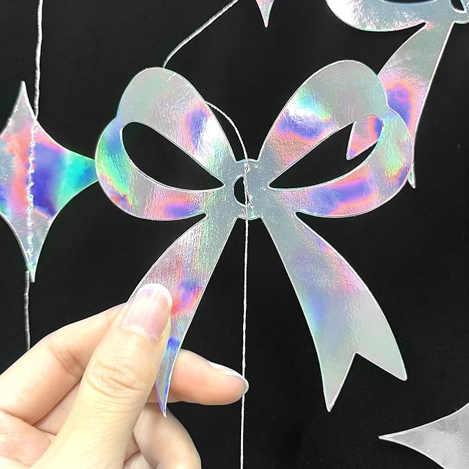 Iridescent Bow Decorations Holographic Paper Star Bow Hanging Garland Streamer Banner for Coquette Birthday Bachelorette Wedding Bridal Shower Engagement Anniversary Hen Party Decorations Supplies