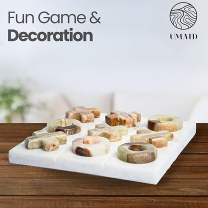 UMAID Luxury Marble Tic Tac Toe Game, Handcrafted 10" Onyx Board in Velvet Box, Solid Marble Set, Each Piece is Unique, Elegant Coffee Table or Office Decor, Unique Gift for Men, Women, Game Lovers