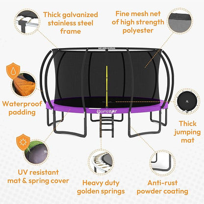 JUMPZYLLA Trampoline Outdoor 8FT 10FT 12FT 14FT 15FT 16FT with Enclosure and Ladder, ASTM Approved Recreational Trampoline for Kids and Adults, Anti-Rust Coated Frame
