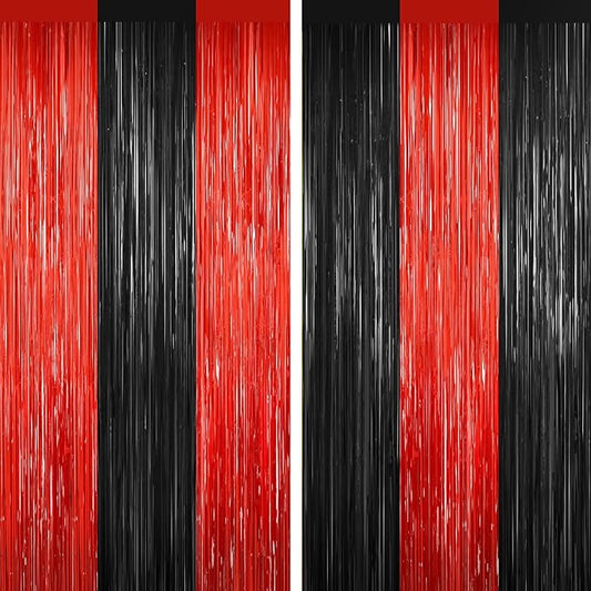 Black and Red Tinsel Backdrop Foil Fringe Curtains - 2 Packs Door Streamers Backdrop for Birthday Door Decorations, Party Supplies for Bachelorette, Graduation, Christmas, Disco Decor