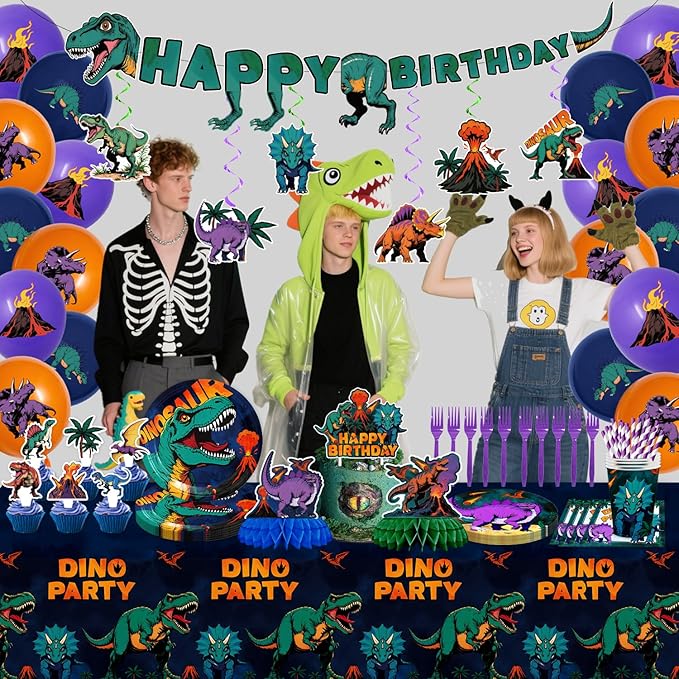 185PCS Dinosaur Birthday Party Decorations, Dinosaur Party Supplies Plates and Napkins Set, Dino Tableware, Banner, Hanging Swirls, Tablecloth, Cake Cupcake Topper, Ballons Cutlery Sets