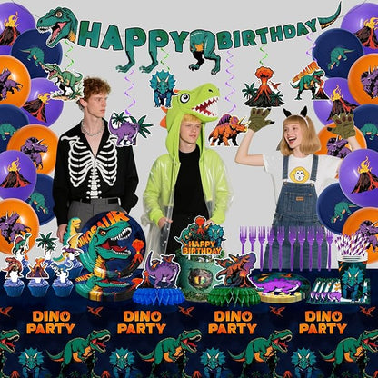 185PCS Dinosaur Birthday Party Decorations, Dinosaur Party Supplies Plates and Napkins Set, Dino Tableware, Banner, Hanging Swirls, Tablecloth, Cake Cupcake Topper, Ballons Cutlery Sets