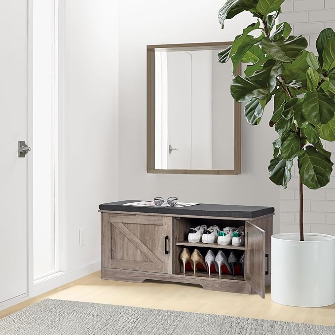 2-Tier Storage Bench, 39.4" Wide Shoe Bench with Padded Seat Cushion, Entryway Bench with 2 Barn Doors and Adjustable Shelf, Greige