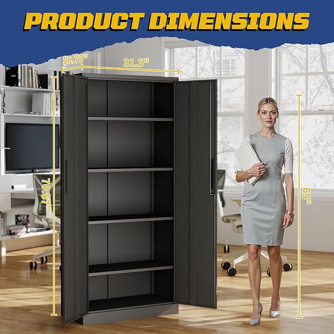 Metal Storage Cabinet with Doors and Adjustable Shelves, 71" Steel Garage Storage Cabinets with lock, Locking Tool Cabinet Utility Cabinets for Garage,Bathroom,Kitchen,Home Office,School,Shop