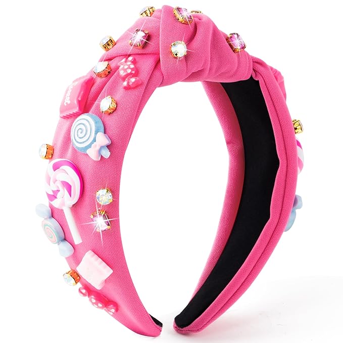 PANTIDE Candy Jeweled Knotted Headband - Christmas Sugar Lollipop Rhinestone Crystal Embellished Preppy Headband Wide Top Knot Fashion Hair Accessories Candyland Birthday Gift for Women Girls (Pink)