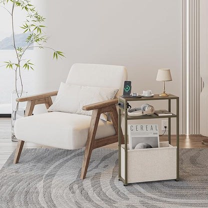 Green Side Table with Charging Station, Slim End Tables with Linen Basket, Skinny Table for Small Spaces, Thin Bedside Table for Living Room, Bedroom