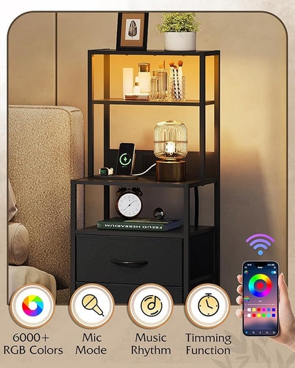 WLIVE Tall Nightstand with Charging Station, LED Night Stand with 4 Drawers and Storage Open Shelves, Fabric Dresser for Bedroom, Living Room, Office, Black