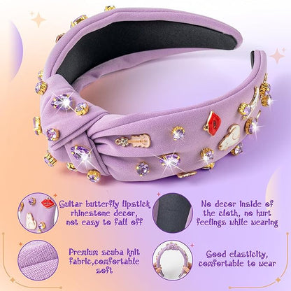 PANTIDE Music Jeweled Knotted Headband - Singer Fans Gift Guitar Red Lip Rhinestone Crystal Embellished Headband Wide Top Knot Fashion Hairband Birthday Back To School Gift for Women Girls (Purple)