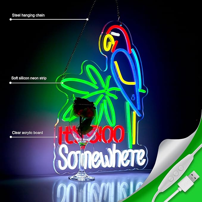 Its 5:00 O'clock Somewhere Neon Signs for Wall Décor Dimmable LED Neon Light USB Powered Neon Art Signs Decor