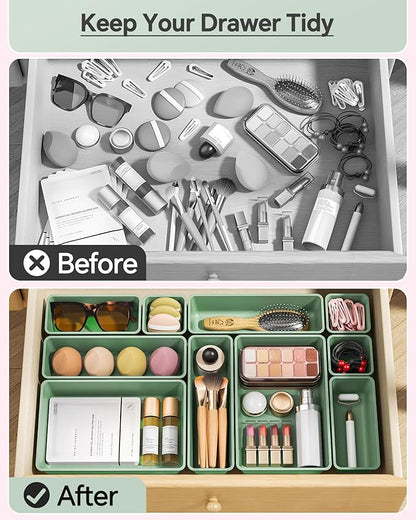 25 PCS Plastic Drawer Organizers Set, 4 Sizes Vanity Organizer, Makeup and Desk Drawer Organizer Trays, Organization and Storage for Makeup, Bathroom, Kitchen Utensils and Office (Green)