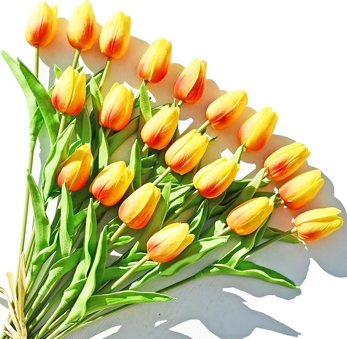 ONLY ART Artificial Sunset Tulips 20 Pcs – 13.5 Inch PU Faux Flowers with Bendable Stems for Home Décor, Wedding Centerpieces, DIY Floral Arrangements, Table Decorations