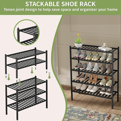 2 Tier Bamboo Shoe Rack for Closet Free Standing Wood Shoe Shelf for Entryway Small Space Stackable 27"x11"x13" (Black)