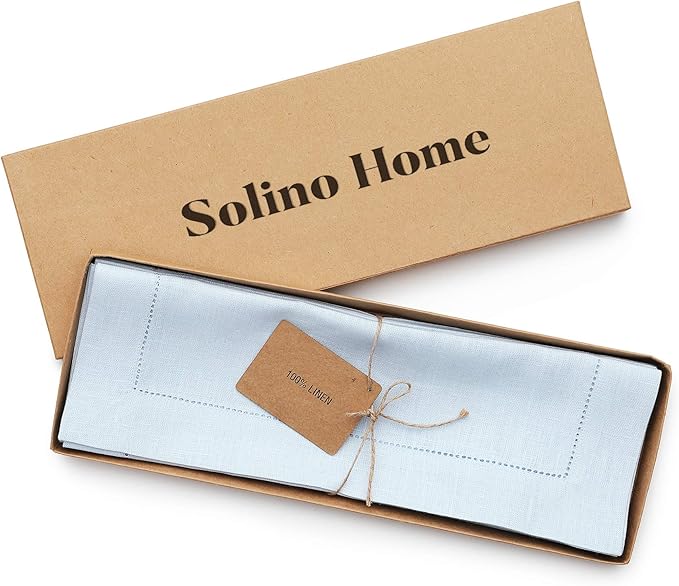 Solino Home Linen Cloth Placemats Set of 6-100% Pure Linen Hemstitch Light Blue Placemats 14 x 19 Inch - Classic Hemstitch Table Place Mats for Christmas, Winter, New Year