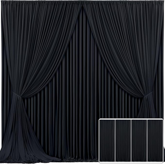 4 Panels Black Backdrop Curtain for Parties Wrinkle Free Black Photo Curtains Backdrop Drapes Fabric Decoration for Birthday Party Wedding 20ft(W) x 10ft(H)