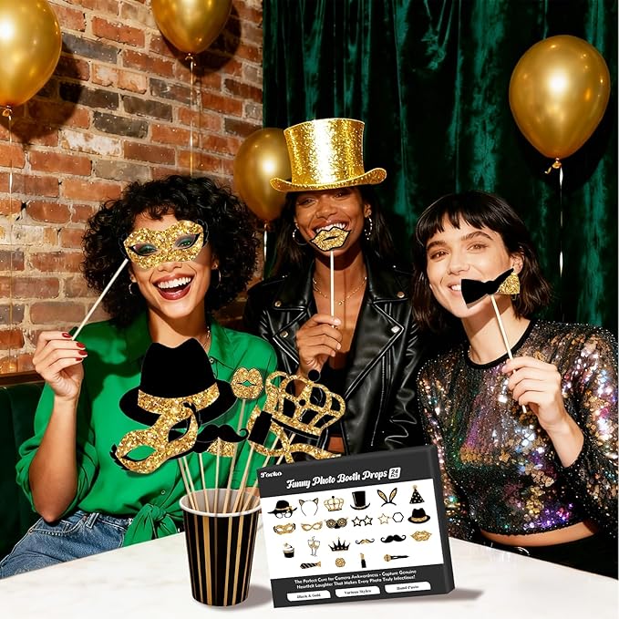 24PCS Gold and Black Photo Booth Props Set, Funny Photobooth Props Kit for Birthday Wedding Graduation New Year Party Celebration Decoration Supplies