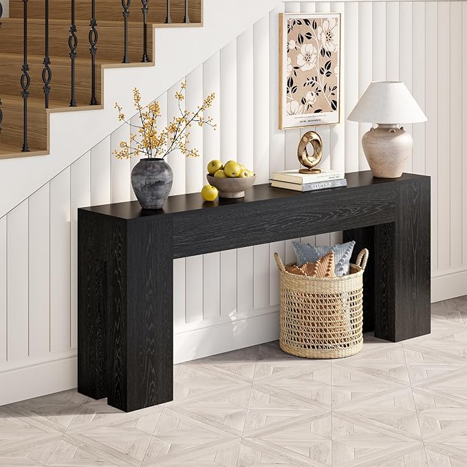 Extra Long Sofa Console Table for Entryway Living Room, 79-Inch Farmhouse Wood Behind Couch Table, Rectangular Accent Console with Wooden Double Base for Hallway Foyer Entrance, Black