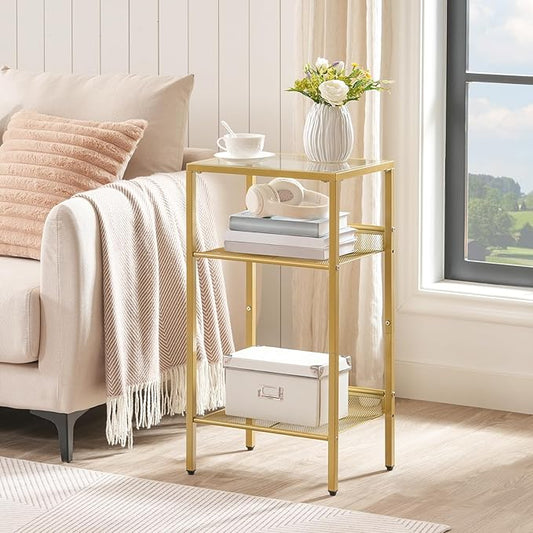 HOOBRO Gold Side Table, Tall Telephone End Table with Mesh Shelves, 3-Tier Nightstand with Tempered Glass Tabletop, for Living Room, Bedroom, Gold GD04DH01