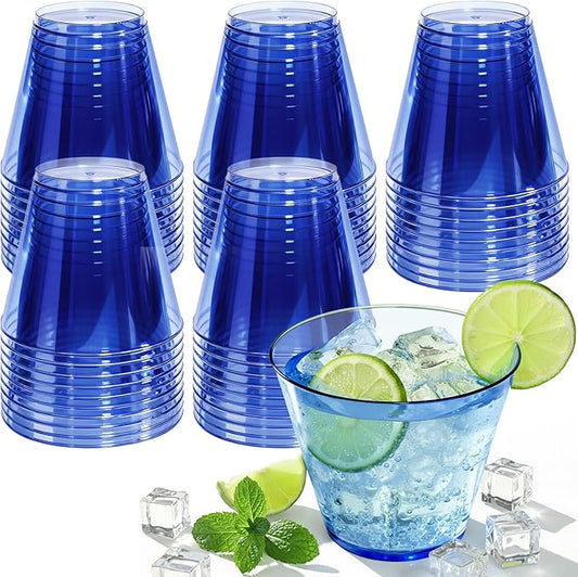 150 Pack Plastic Cups 9 oz Royal Blue Clear Plastic Cups for Cocktail Fancy Disposable Cup for Party Stemless Wine Glasses for Wedding Thanksgiving Christmas Party Graduation