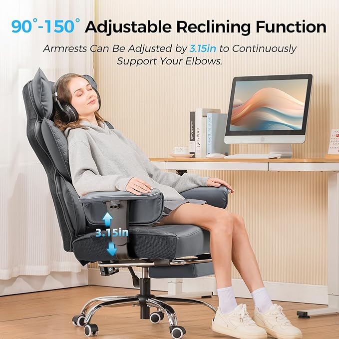 COMHOMA Big and Tall Office Chair Heavy Duty Wide Ergonomic Gaming Chair with Deluxe Embossing Designed Leather with Foot Rest,150°Reclining Adjustable Armrests Pocket Spring Back Support and Pillow
