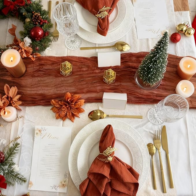 10 Pack Christmas Table Runner Terracotta Cheesecloth Table Runners 35x120 Inch, 10FT Rustic Burnt Orange Cheese Cloth Table Runner for Wedding Bridal Shower Baby Shower Birthday Holiday Decor