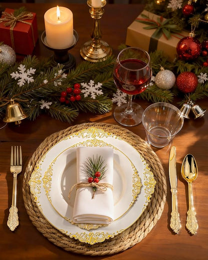 Nervure 350PCS Ivory Plastic Plates - Ivory Gold Plastic Dinnerware Sets for 50 Guests - 100 Gold Disposable Plates, 50 Pre Rolled Silverware Sets, 50 Cups Perfect for Wedding & Thanksgiving