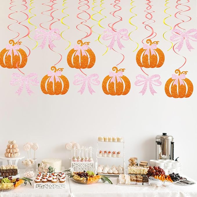 30pcs Pink Bow Pumpkin Hanging Swirls, Little Pumpkin Hanging Decoration for Girl, Thanksgiving Baby Shower Foil Ceilling Decor, Autumn Fall Gender Reveal Party Favors - Orange Glitter