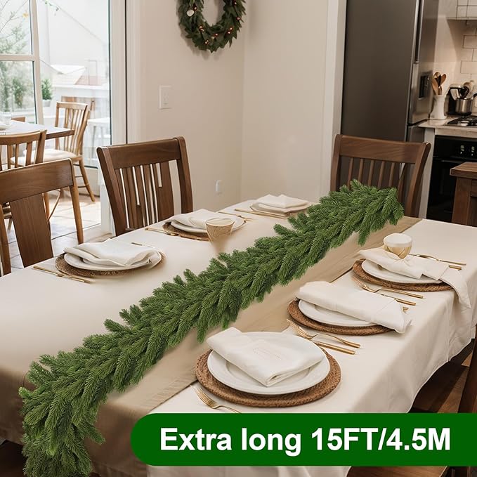 Lyrow 1 Pcs 15 ft Artificial Pine Greenery Garlands Deluxe Faux Thick Real Touch Winter Pine Garland Artificial Greenery Wreath for Table Fireplace Mantle Indoor Outdoor Christmas Decorations