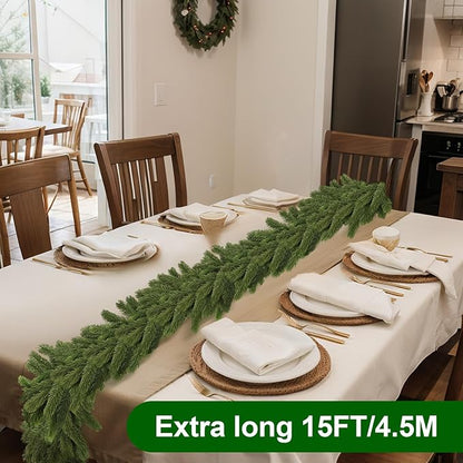 Lyrow 1 Pcs 15 ft Artificial Pine Greenery Garlands Deluxe Faux Thick Real Touch Winter Pine Garland Artificial Greenery Wreath for Table Fireplace Mantle Indoor Outdoor Christmas Decorations