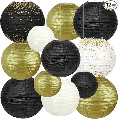 12Pcs Black and Gold Party Decorations, Various Sizes (6" 8" 10") Hanging Paper Lanterns for Men 50th 60th Birthday Graduation Retirement New Years Decorations New Years Eve Party Supplies 2026