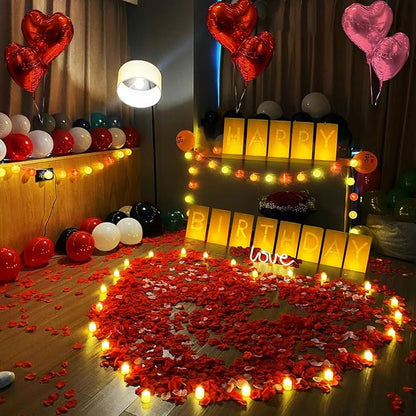 Happy Birthday Lighted Letters Sign 13pcs Luminary Paper Bags 48pcs Flameless LED Candle Tealight 2000pcs Red Pink Rose Petals 15pcs Heart Balloons Romantic Night Valentine's Day Decorations