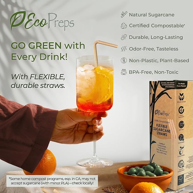Flexible Biodegradable Sugarcane Straws, 120 Count | 100% Compostable, Plastic-Free, Eco-Friendly Drinking Straws for Cold Drinks | 7.8'' Bendable, Disposable Sugarcane Fiber Straw (120 PCS)