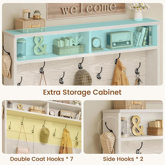 Itaar Hall Tree with Bench and Shoe Storage, 5-in-1 Entryway Bench with Coat Rack, 10 Shoe Cubbies & 9 Coat Hooks, Barn Door & Adjustable Shelf (Embossed White)