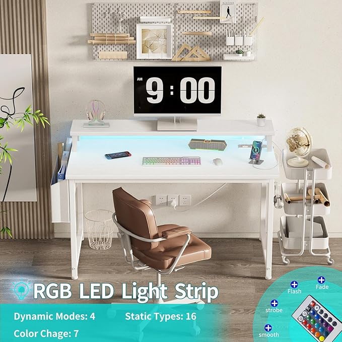 Lufeiya Small White Desk with LED Lights and Power Outlets, 32 Inch Home Office Computer Desks with Monitor Stand, Teen Writing Study Table Gaming Desk with Charging Station, White